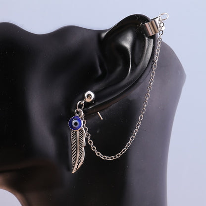 1Pc Evil Eye Feather Stud Earring with Chain Ear Cuff Trendy Women Fashion