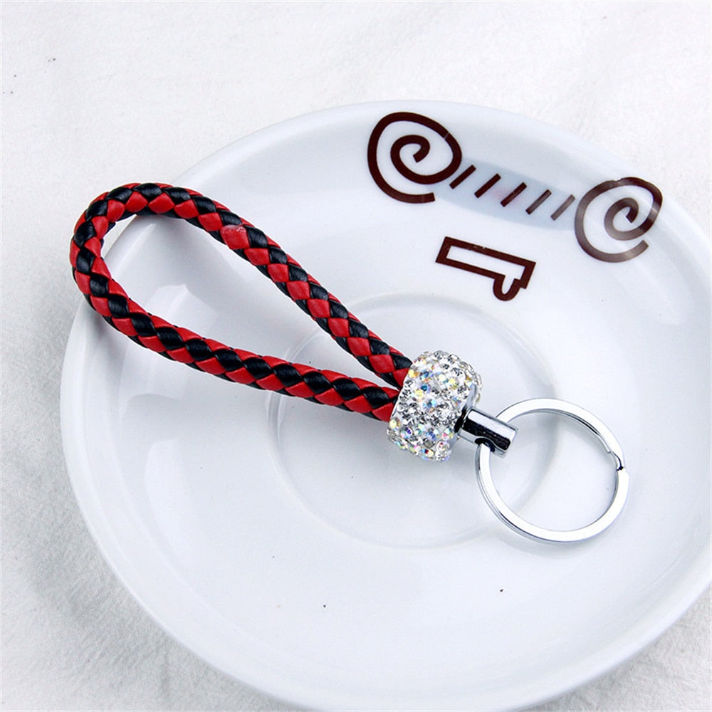 14 Styles PU Leather Braided Rope Keychain Glitter Rhinestones Key Ring For