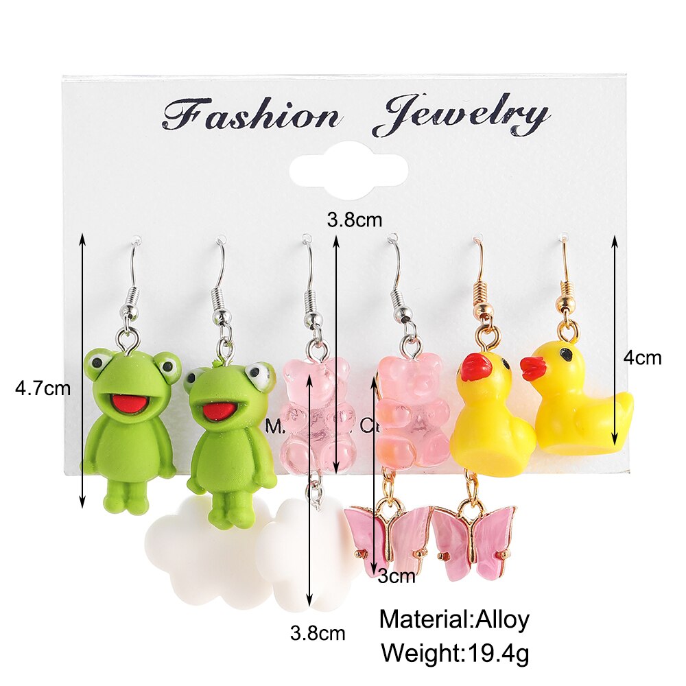 5 Pairs Cartoon Cute Animal Drop Earrings Fashion Women Summer Party Jewelry