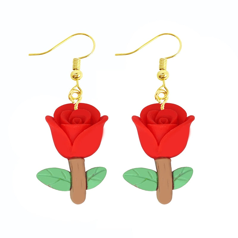 Red Rose Drop Earrings Women Art Fashion Cartoon Earrings Creative Jewelry