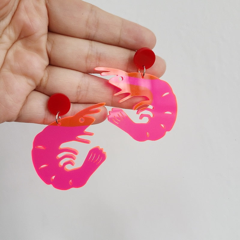 Pink Shrimp Acrylic Drop Earrings Women Travel Fashion Cartoon Earrings Creative