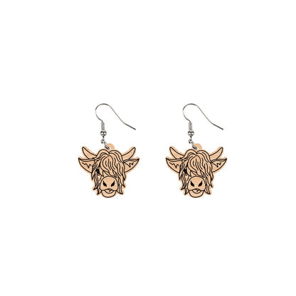 Wooden Cow Head Drop Charm Earrings For Women Girl Fashion Modern Jewelry Gift