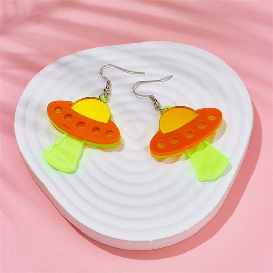 Orange Spaceship Drop Earrings Female Travel Cartoon Earrings Creative Art