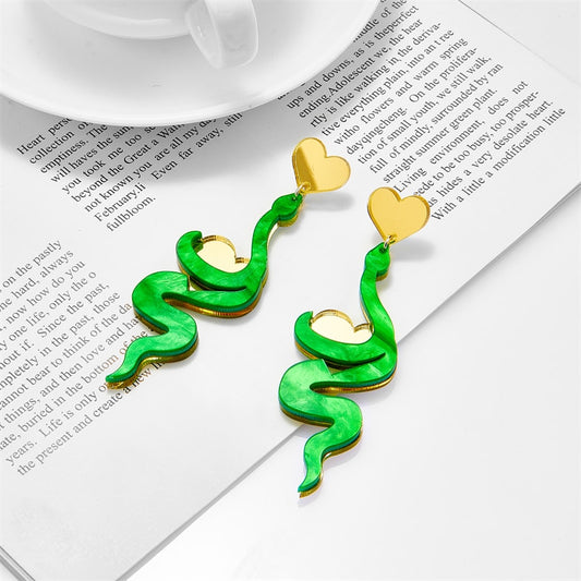 Green Snake Heart Drop Earrings Women Travel Fashion Cartoon Earrings Creative