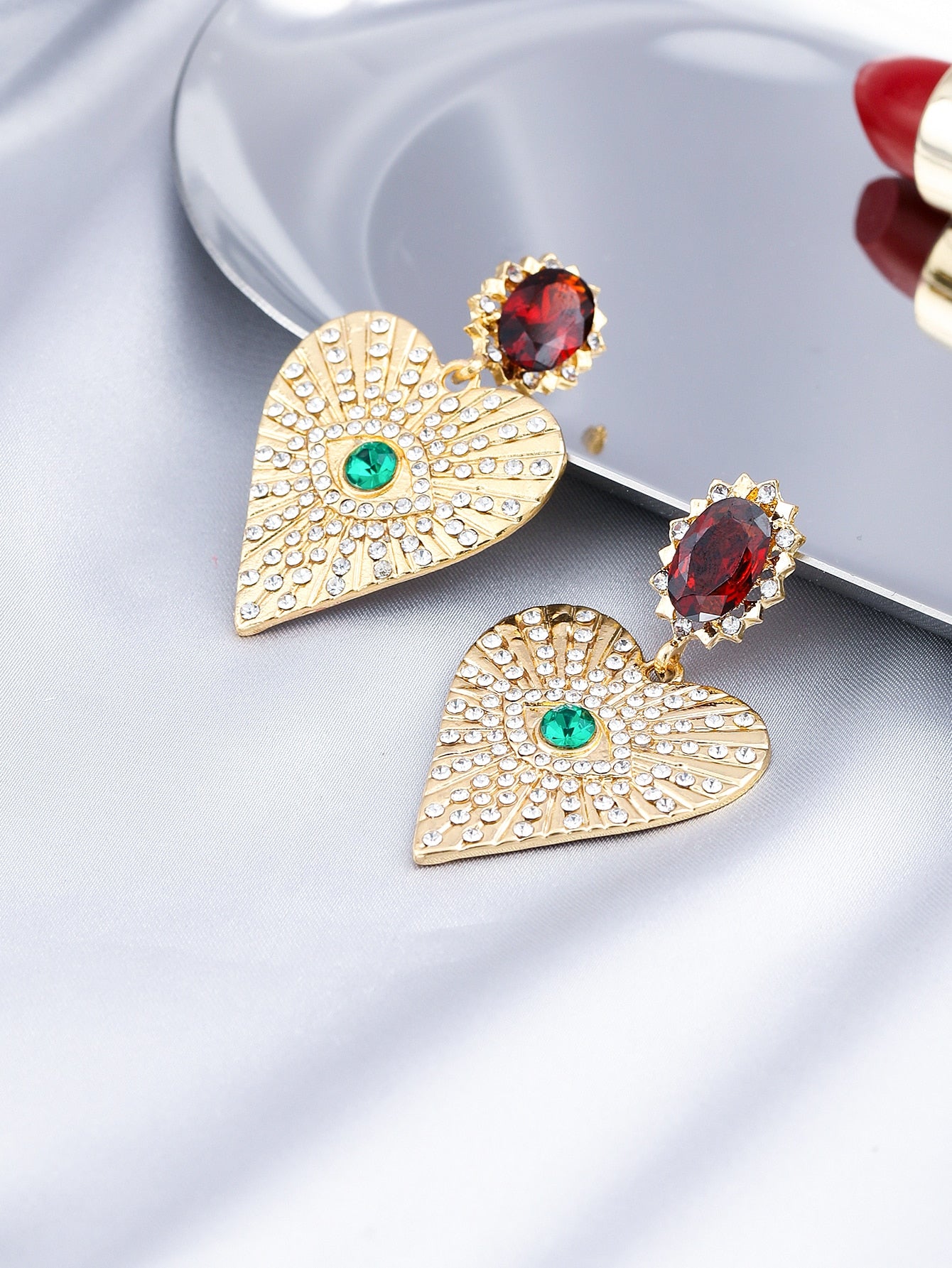 Green Crystal Eye Heart Lady Cute Dangle Earrings for Women Jewelry Girls