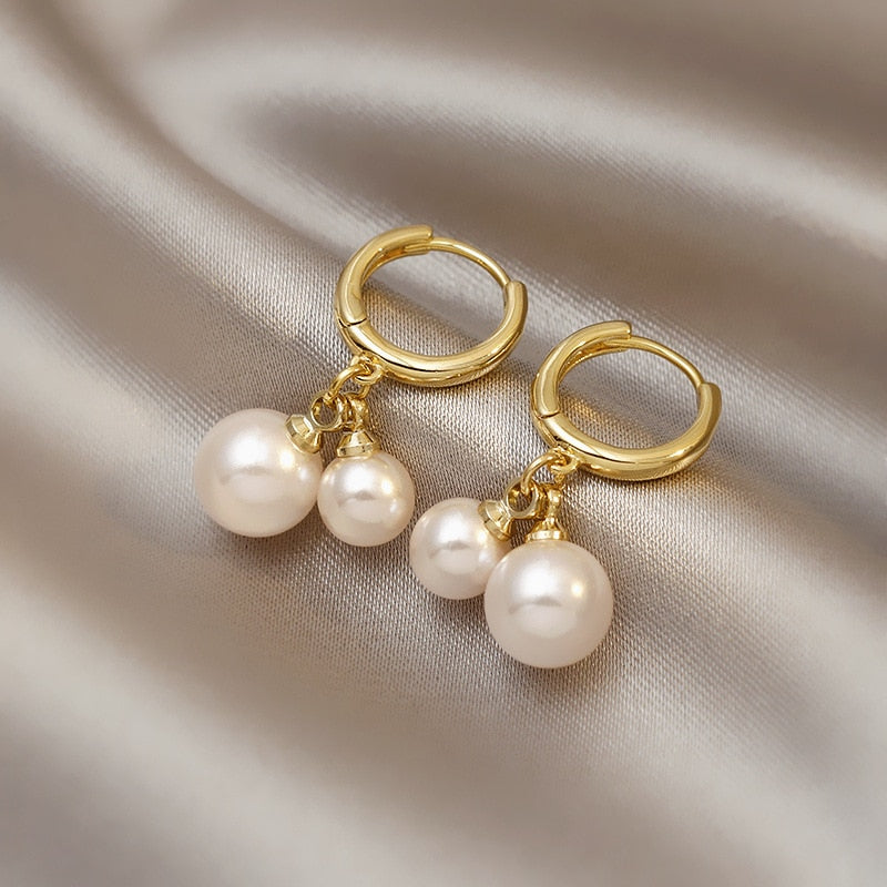 Double Faux Pearl Drop Earrings Women Charms Earring Fashion Creative Jewelry