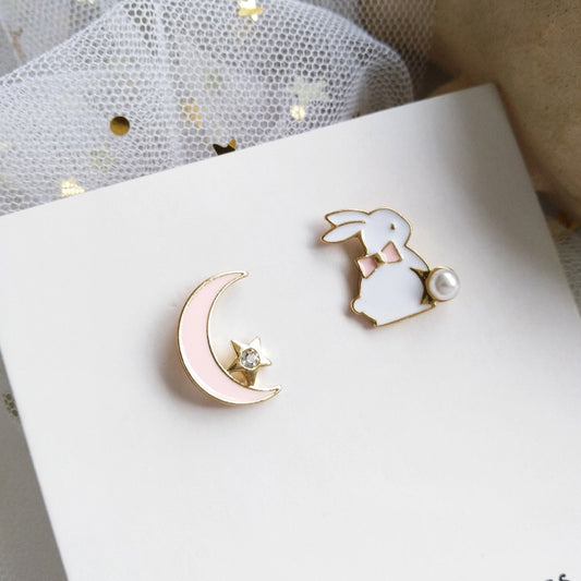 Pink Moon Rabbit Stud Earrings Women Party Wedding Jewelry Creative Gifts