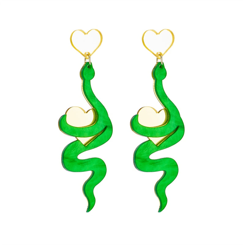 Green Snake Heart Drop Earrings Women Travel Fashion Cartoon Earrings Creative