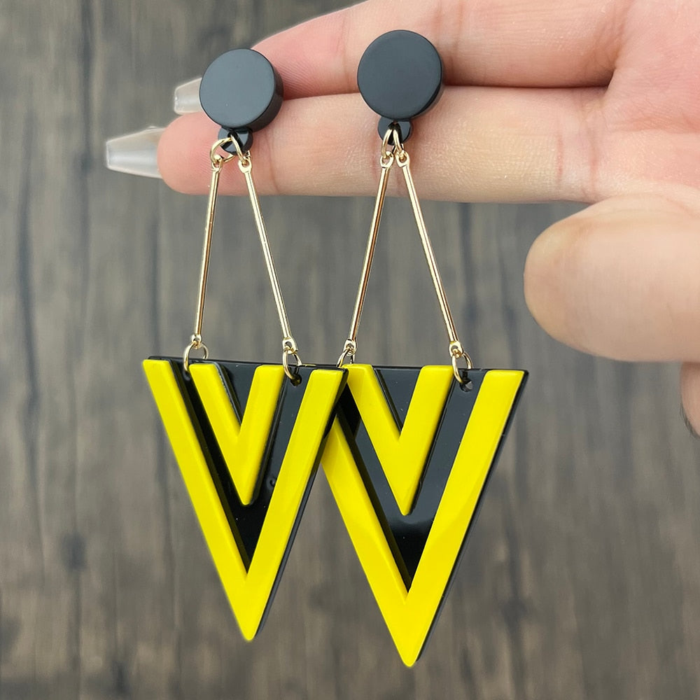 Black and Yellow Exaggerated Triangle Drop Earrings Women Girl Party Gift