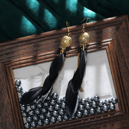 Long Black Boho Ethnic Feather Dangle Earrings Fashion Party Girls Pendant