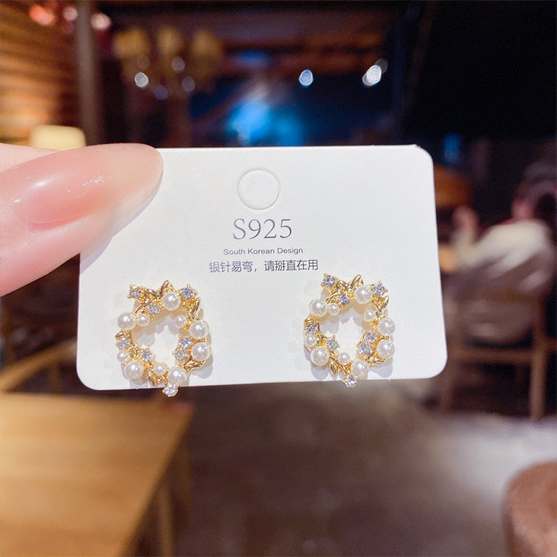 Imitation Pearl Wreath Studs Earring Cute Geometric Zircon Earrings Female