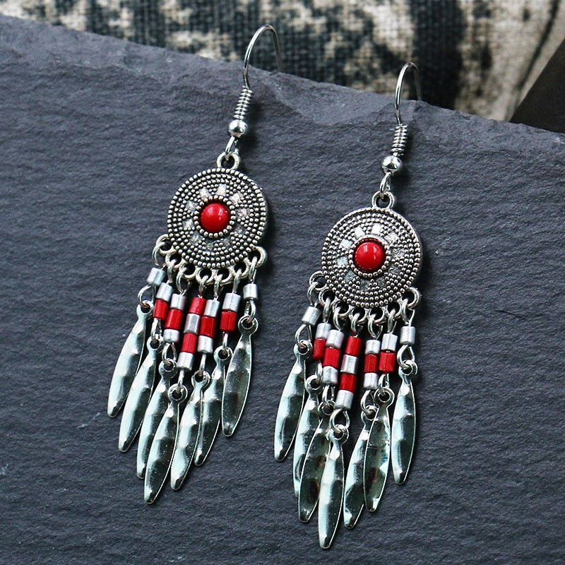 Red Beads Tribal Design Dangle Earrings Women Fashion Modern Accessories Cute