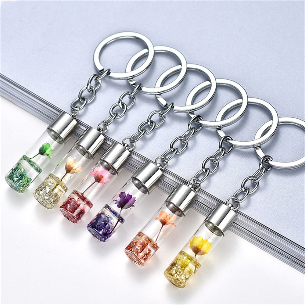 8 Colors Flower Bottle Keychain Dried Flower Plants Key Chains Wishing Bottle