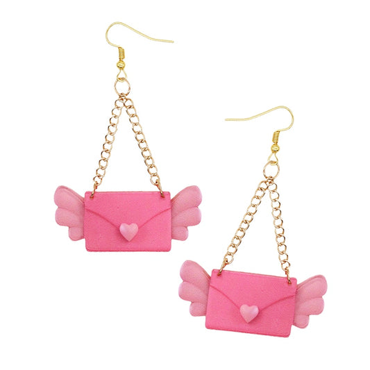 Pink Purse with Wings Drop Earrings Women Creativity Jewelry Cute Earring Girls