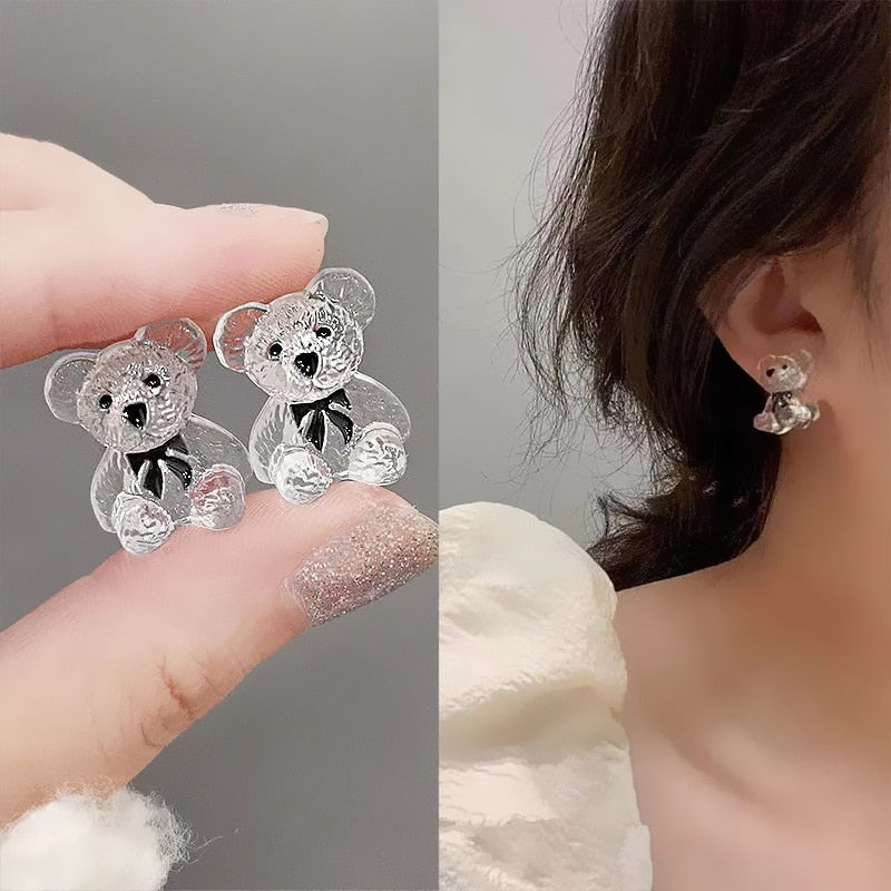 Clear Cute Bear Earrings Stud Women Girls Fashion Cute Accessory Jewelry