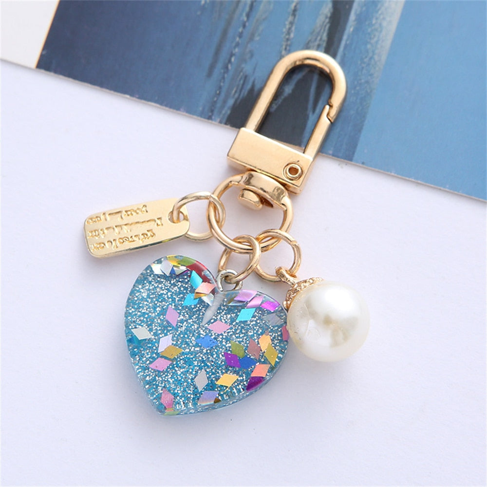 5 Styles Cute Resin Heart Key Chain Colorful Sequins Filled Keychain with Pearl