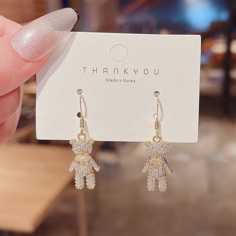 Rhinestone Bear Decor Dangle Earrings Women Girl Fashion Trendy Jewelry