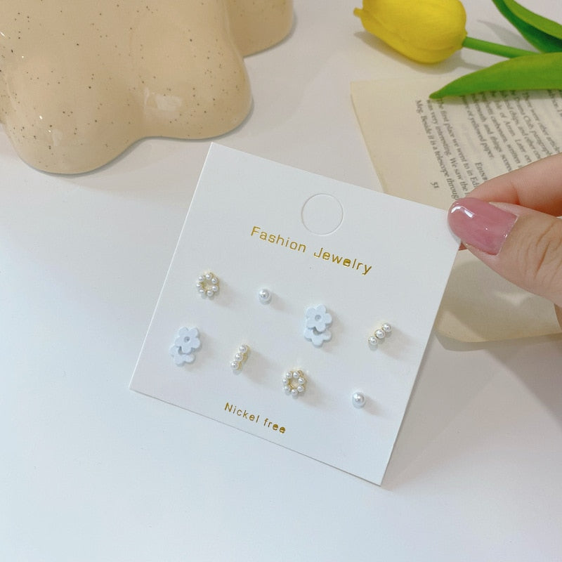 4Pairs White Flower Stud Earrings Women Girls Fashion Stylish Shape Earring Gift