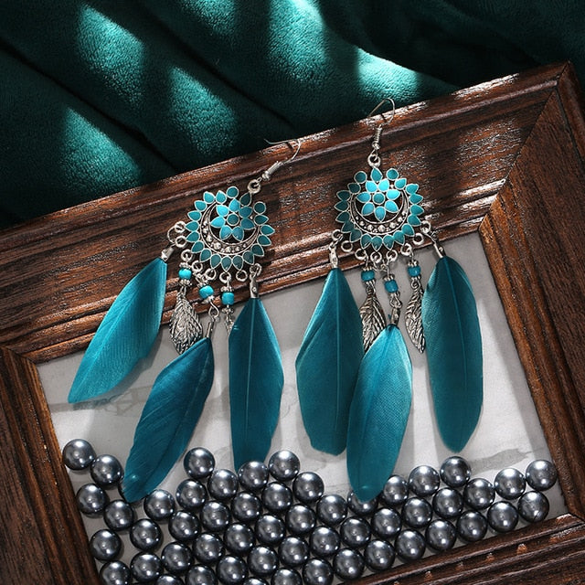 Ocean Blue Flower Boho Ethnic Feather Dangle Earrings Fashion Party Girls