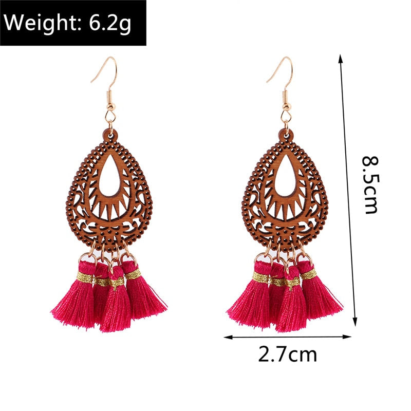 Wooden Red Tassels Dangle Drop Earrings Women Charms Earring Fashion Creative