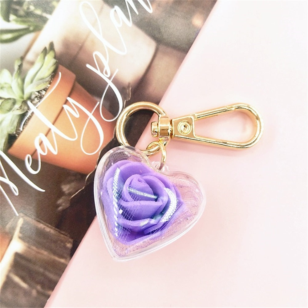 7 Colors Romantic Rose Flower Keychains Charms Transparent Eternal Flower Key