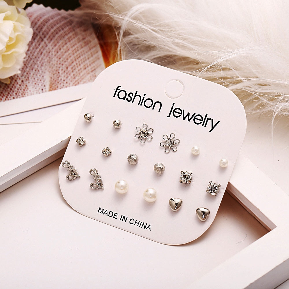 9 Pairs Flower Love Stud Earring Set Women Creative Vintage Earrings Jewelry