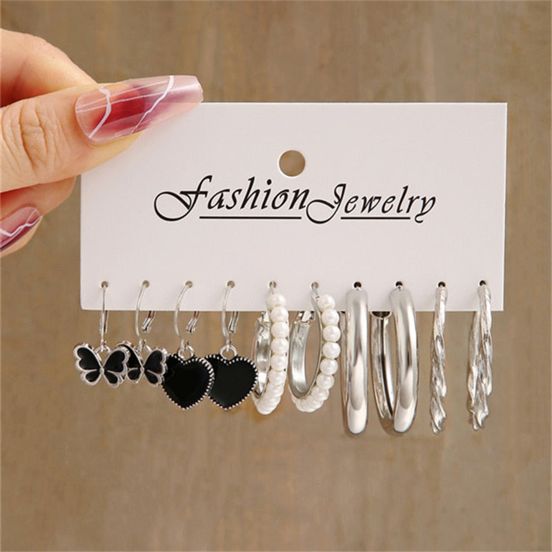 6 Styles 5-6 Pairs Set Butterfly Pearl Hoop Drop Dangle Earrings Trendy Women