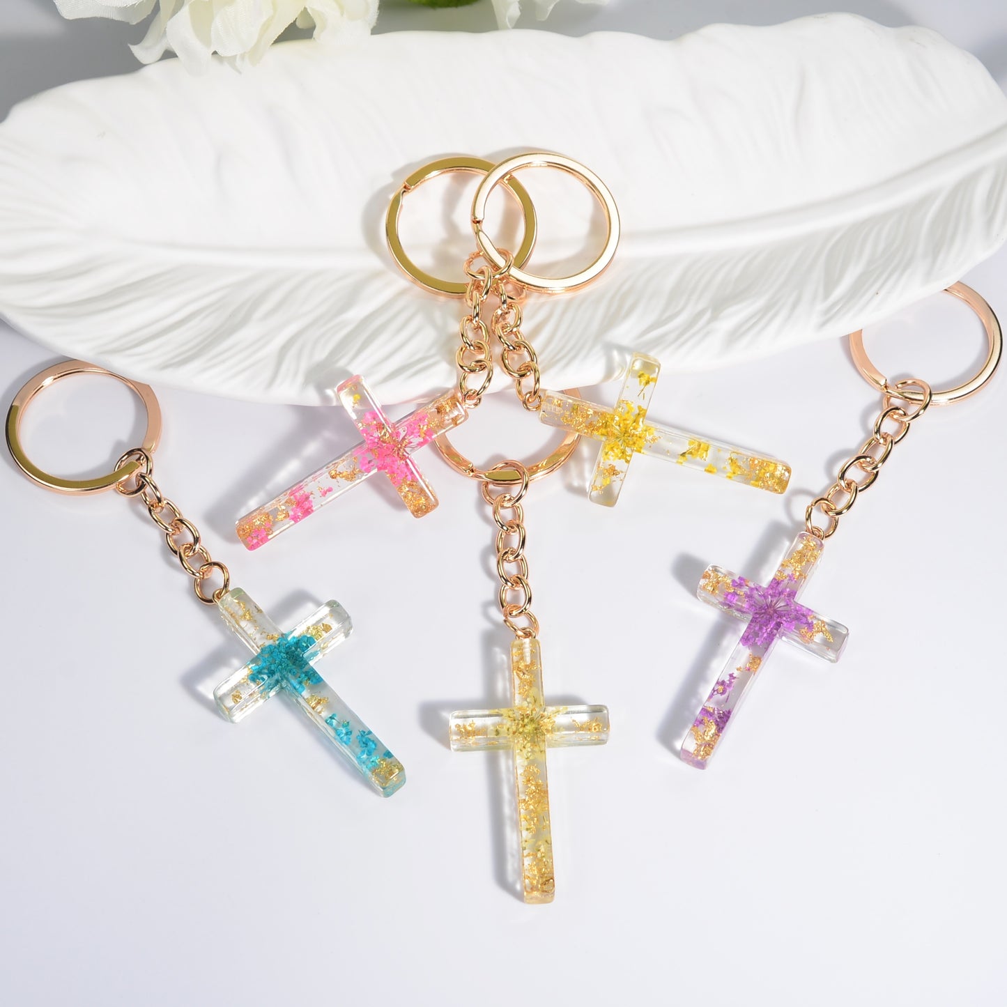 5 Styles Foil Dried Flower Filling Cross Keychain For Women Bag Ornaments