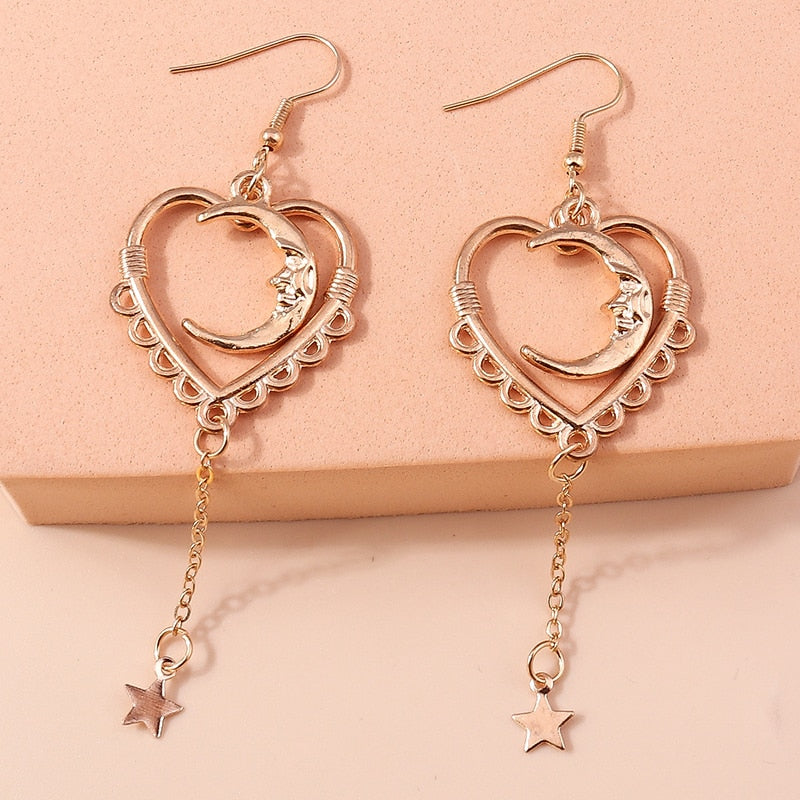 Moon in Heart Design Drop Earrings Women Creativity Jewelry Cute Earring Girls
