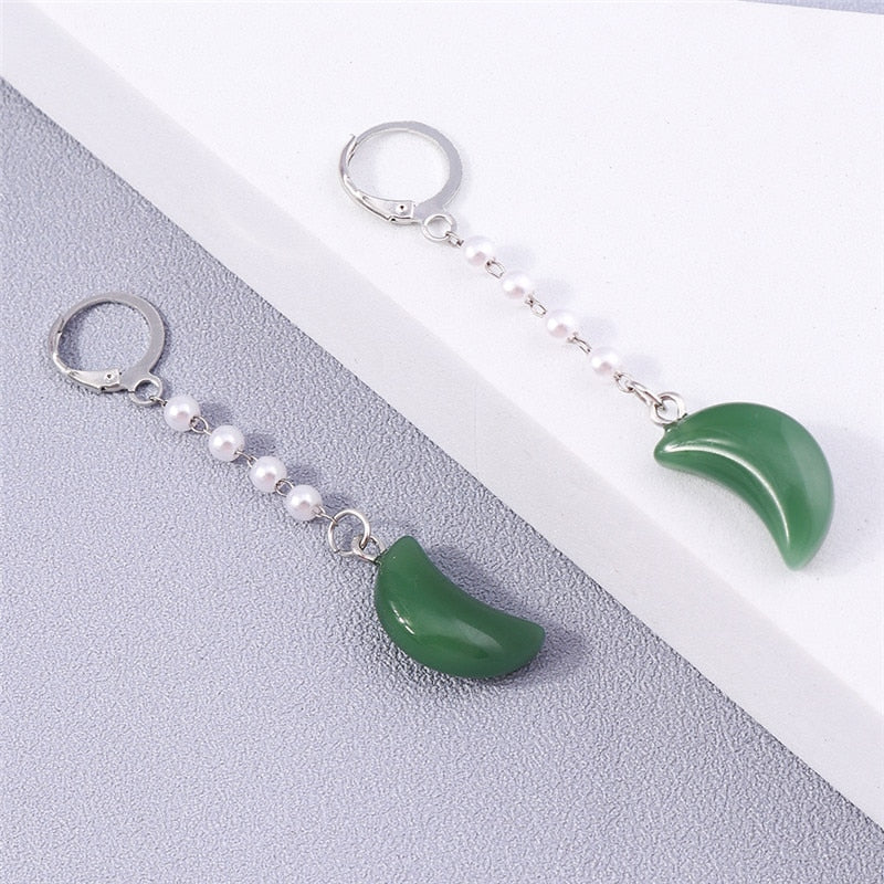 Green Stone Moon Shaped Drop Dangle Earrings Trendy Women Fashion Earrings