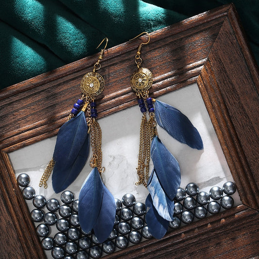 Long Navy Blue Boho Ethnic Feather Dangle Earrings Fashion Party Girls Pendant