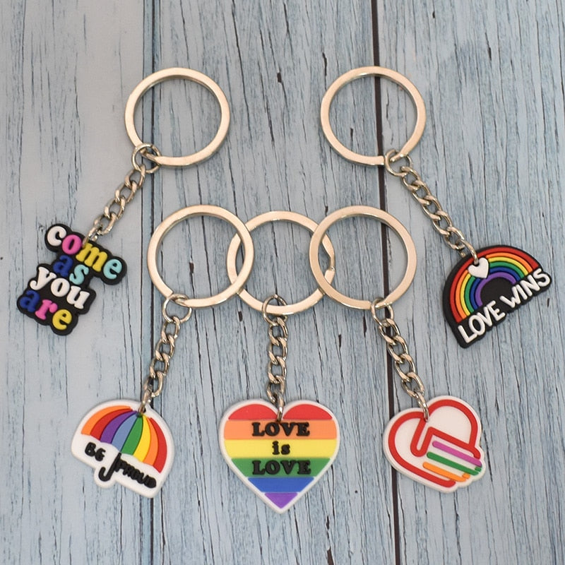 18 Styles Love is Love Pride Rainbow Pendant PVC Keychain with Car Bag Key Chain