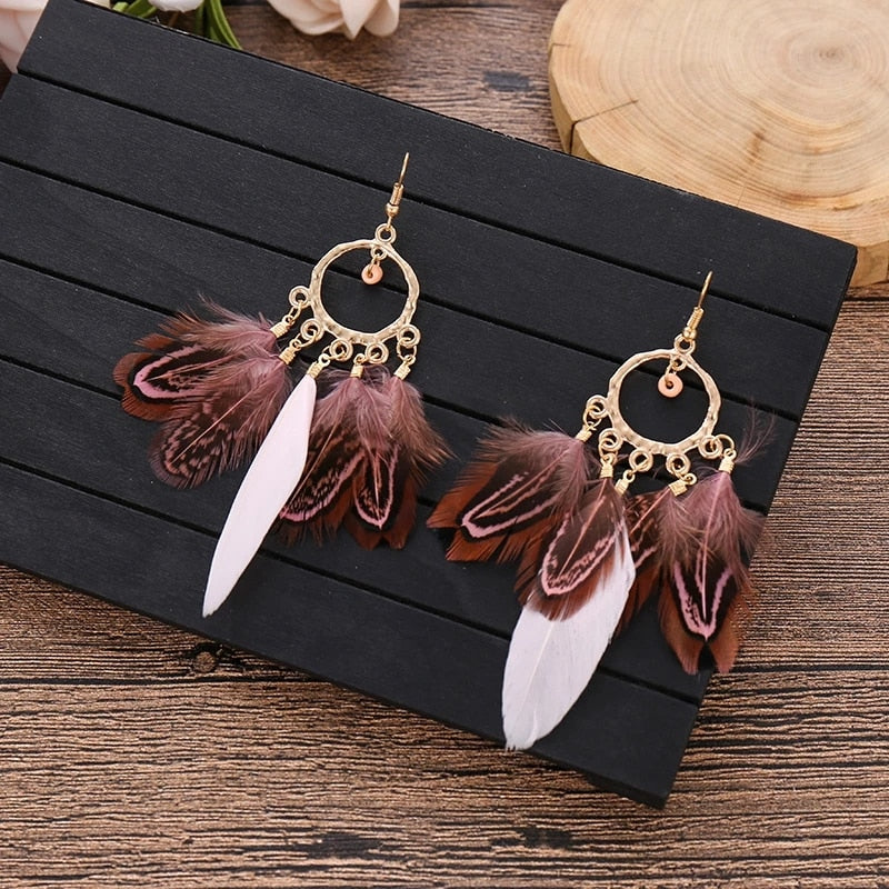 White and Brown Boho Ethnic Feather Dangle Earrings Fashion Party Girls Pendant