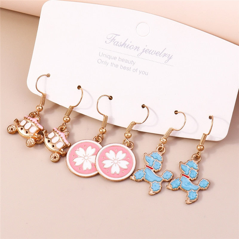 3 Pairs Poodle Flower Dangle Earrings for Girls Women Birthday Gift Lovely