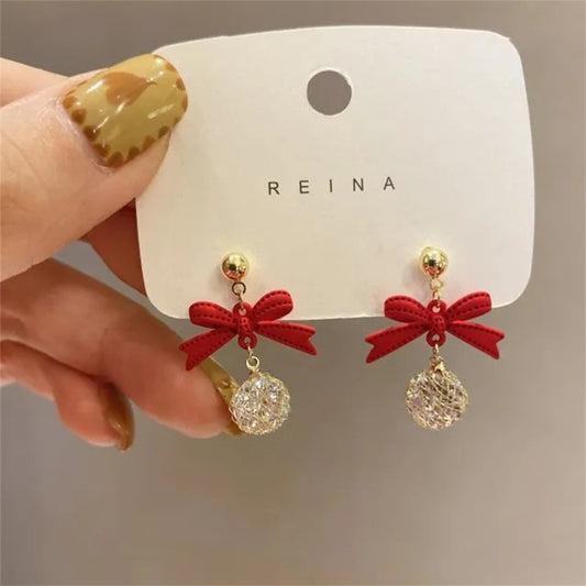 Red Bow and Crystal Drop Earrings Women Party Cute Art Jewelry Dangle Gifts