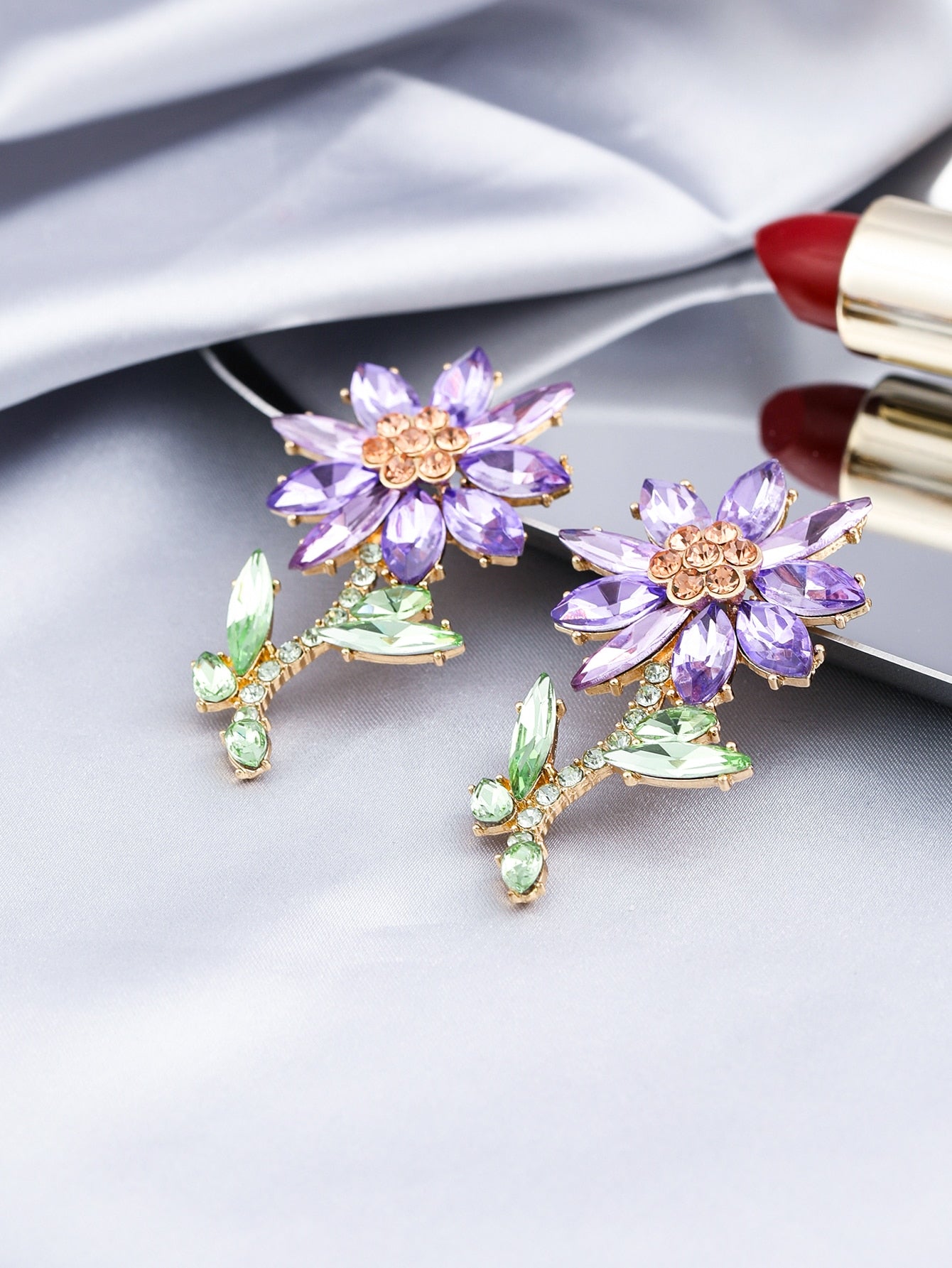 Purple Flower with Stem Lady Cute Dangle Earrings for Women Jewelry Girls