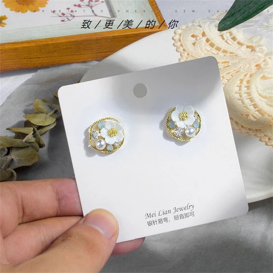 White Flower Round Studs Earring Cute Geometric Zircon Earrings Female Jewelry