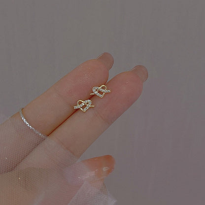 Mini Heart Ribbon Stud Earrings Woman Elegant Earring Fashion Modern Jewelry