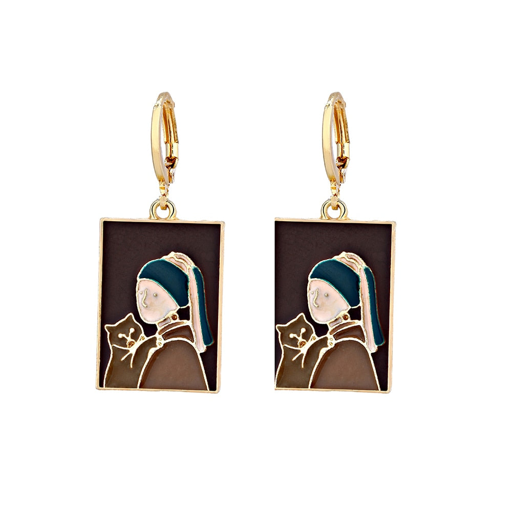 Girl and Cat Painting Drop Earrings Jewelry For Women Fashion Accessories Trendy