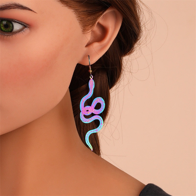 6 Styles Colorful Holographic Snake Cross Moon Dangle Earrings Women Charms