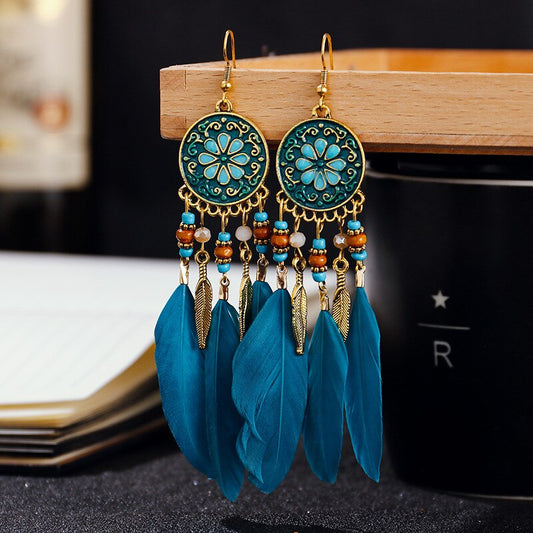 Blue Flower Feathers Dangle Earrings for Fashion Stylish Jewelry Drop Earrings