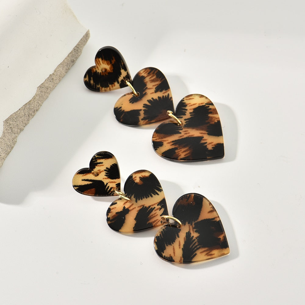 Acrylic Leopard Pattern Heart Dangle Earrings Women Charms Earring Fashion