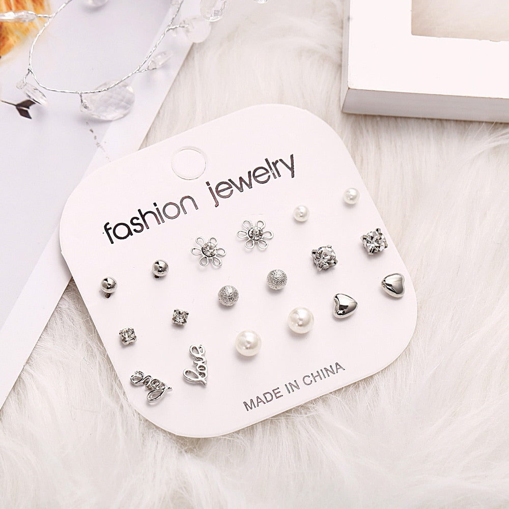 9 Pairs Flower Love Stud Earring Set Women Creative Vintage Earrings Jewelry