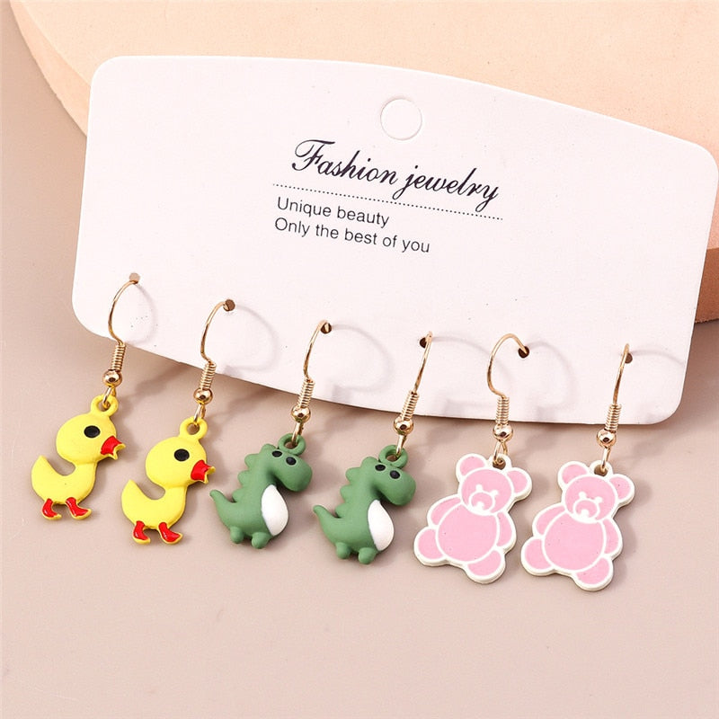 3 Pairs Animal Dangle Earrings for Girls Women Birthday Gift Lovely Jewelry