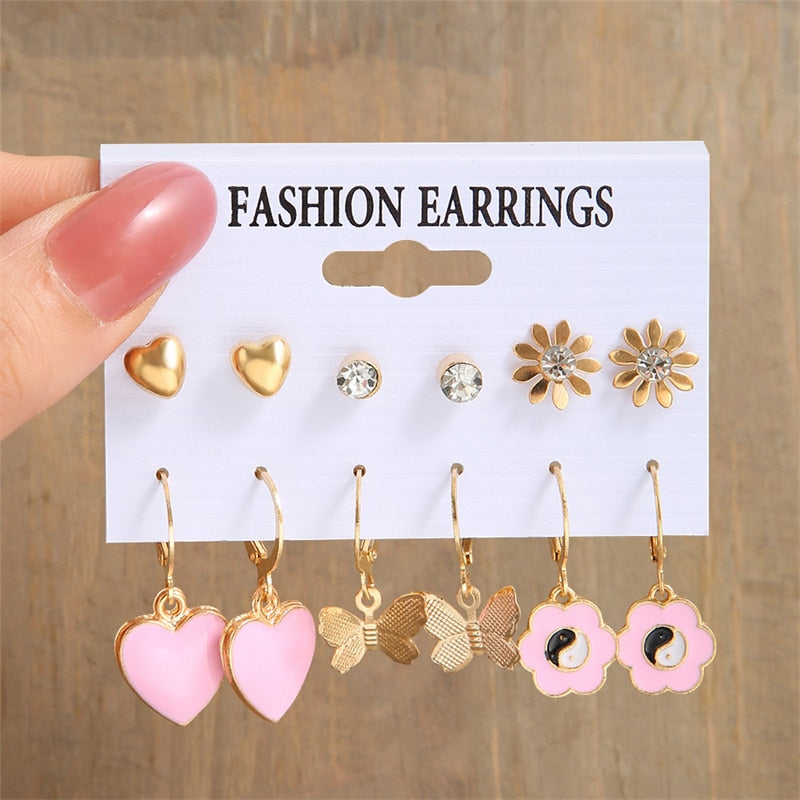 13 Styles 5-6 Pairs Set Heart Butterfly Dangle Earrings for Girls Women Birthday