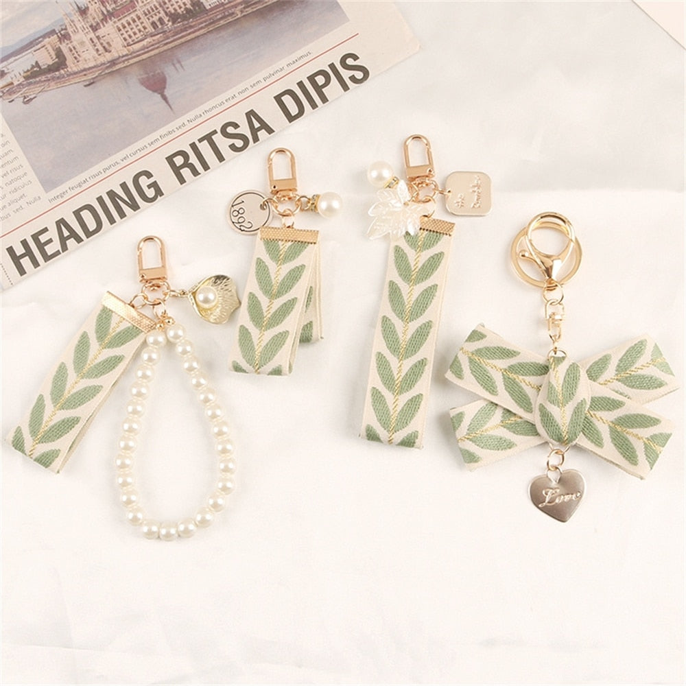4 Styles Fresh Leaf Stripe Key Ring  Embroidery Alloy Pearl Pendant Heart Charm