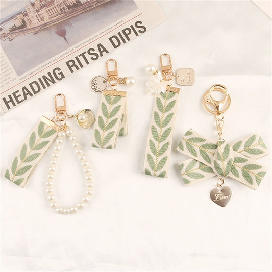 4 Styles Fresh Leaf Stripe Key Ring  Embroidery Alloy Pearl Pendant Heart Charm