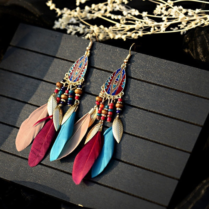 54 Styles Bohemian Long Feathers Tassel Dangle Earrings for Fashion Stylish