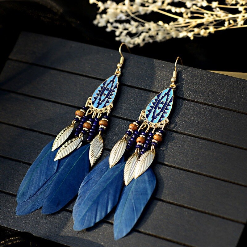 Royal Blue Feathers Dangle Earrings for Fashion Stylish Jewelry Drop Earrings