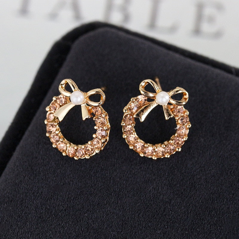 Champagne Bowknot Pearl Stud Earrings Fashion Women Summer Party Jewelry Girls